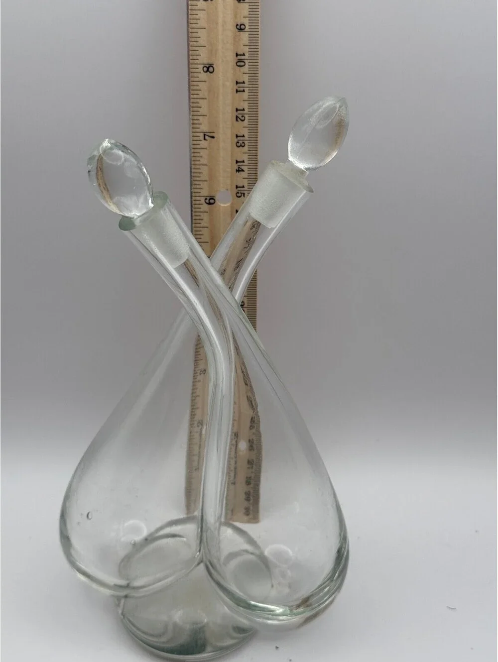 Vintage Hand Blown Glass Cruet Oil & Vinegar Set w/ Ground Stoppers Clear